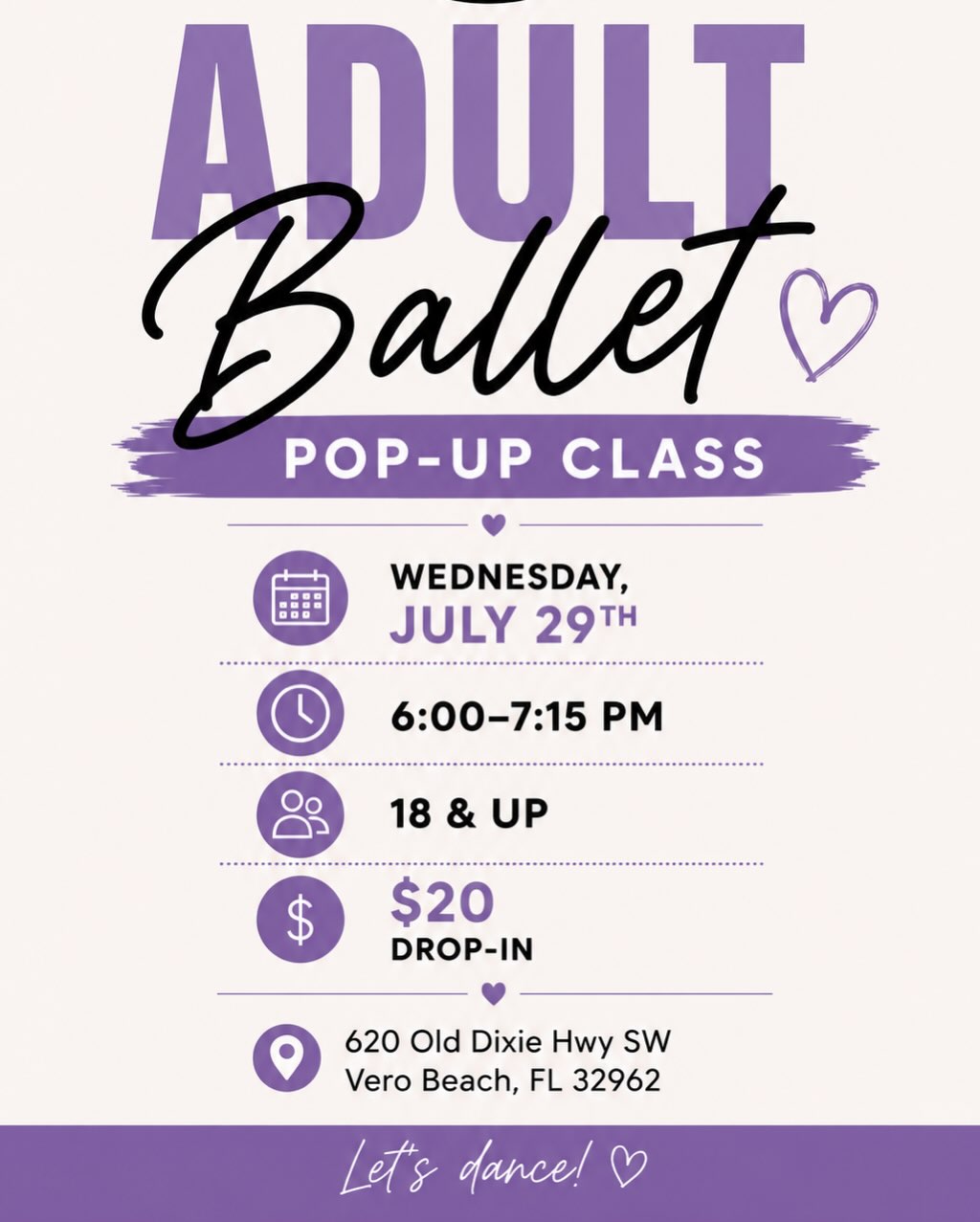 Adult Ballet pop-up class graphic for Wednesday, July 29 from 6:00 to 7:15 PM
