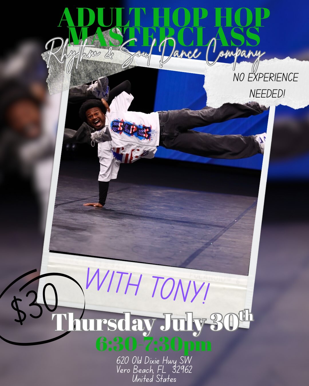 Adult Hip Hop masterclass graphic for Thursday, July 30 from 6:30 to 7:30 PM