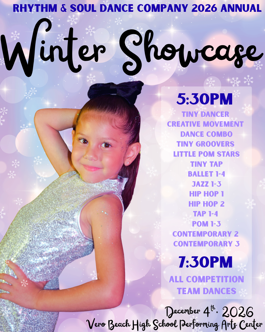 Dancer from the 2026 Winter Showcase flyer against a lavender winter background